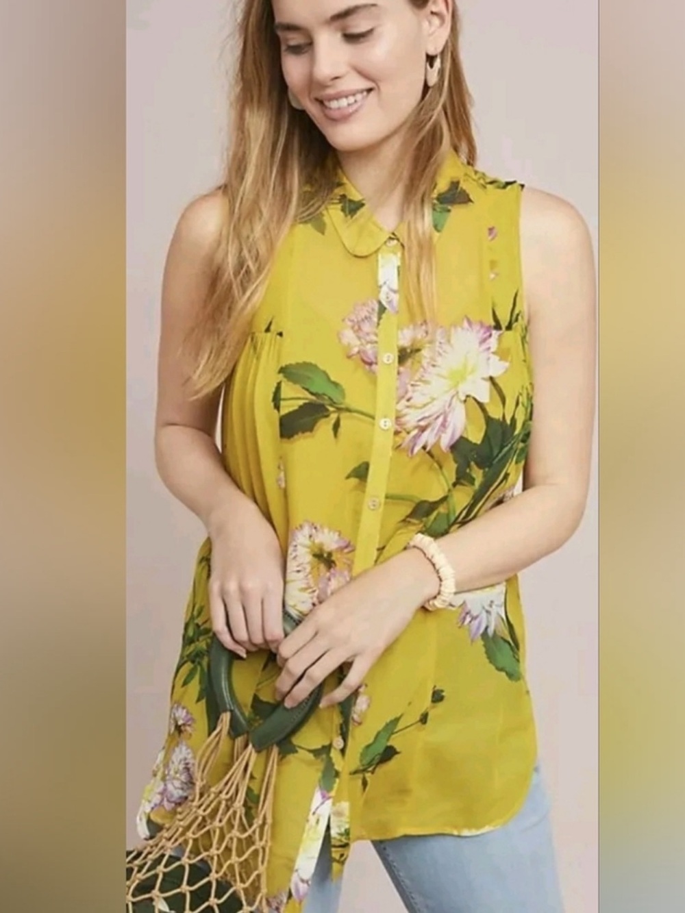 Anthropologie Maeve Women’s Duchess Floral Sleeveless Top Viscose Yellow Size 4